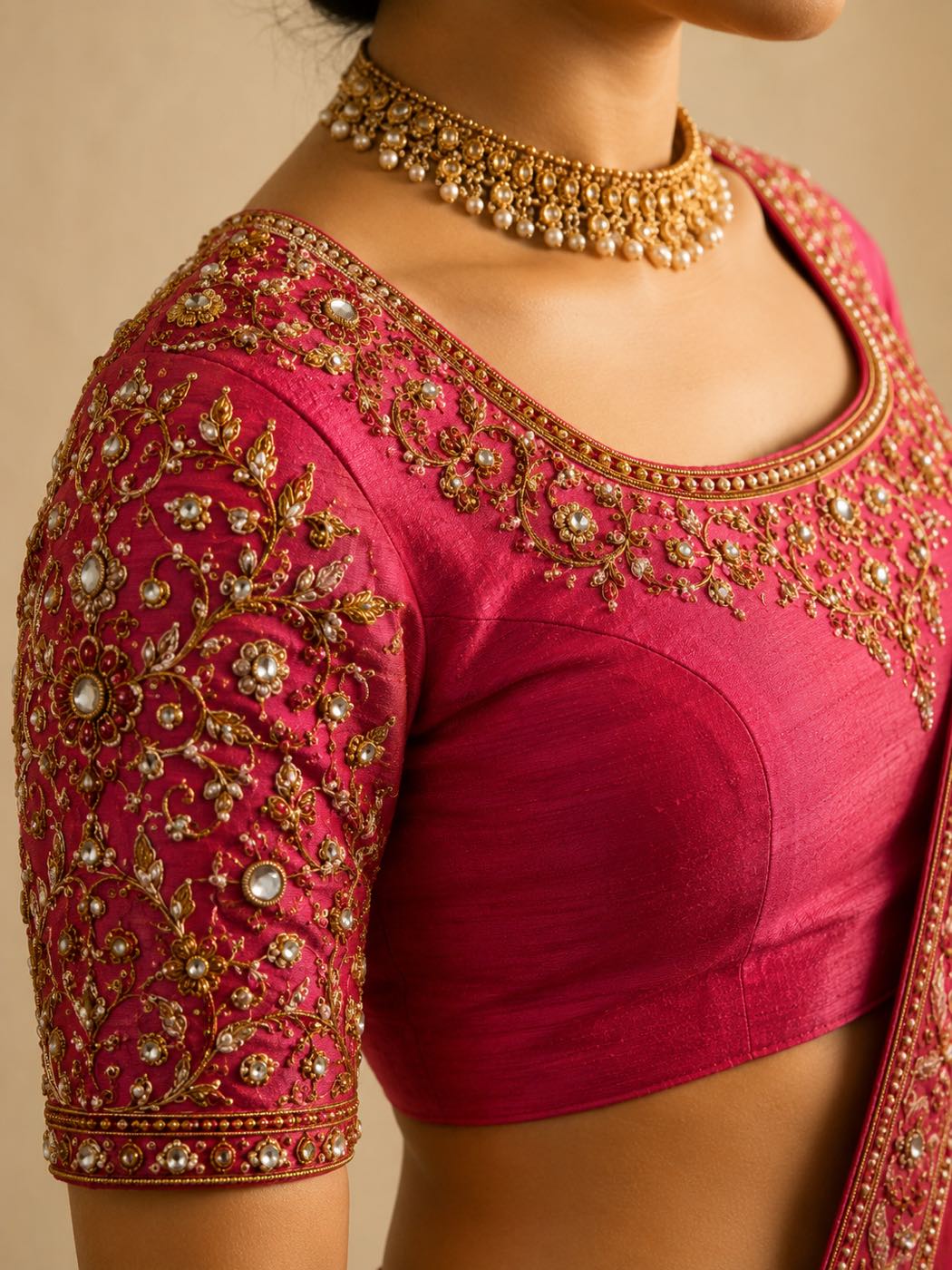 Rani-pink blouse with a worked gold yoke and sleeves, plain fabric below