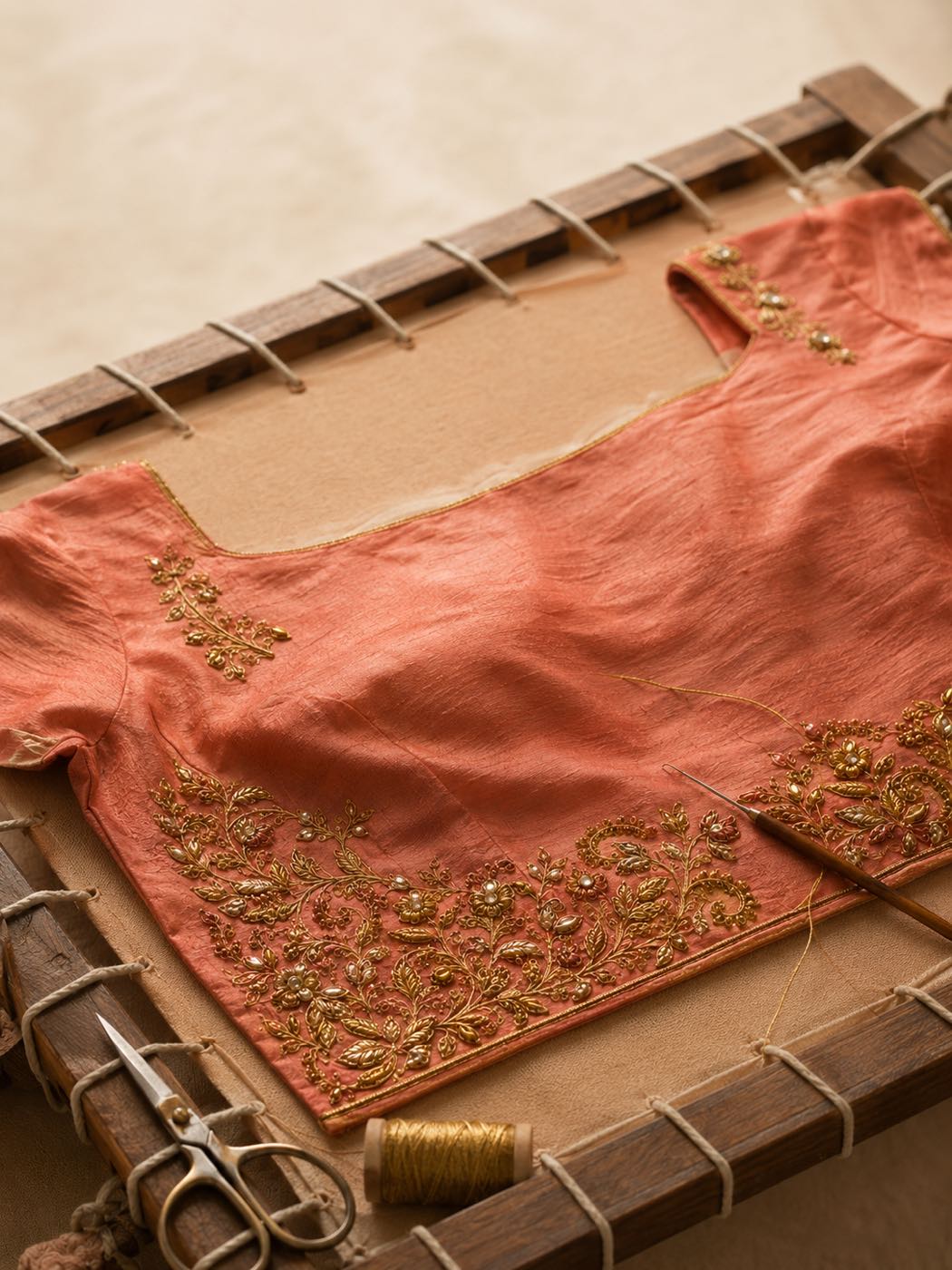 A coral kurta panel stretched on the adda frame, gold work part-finished