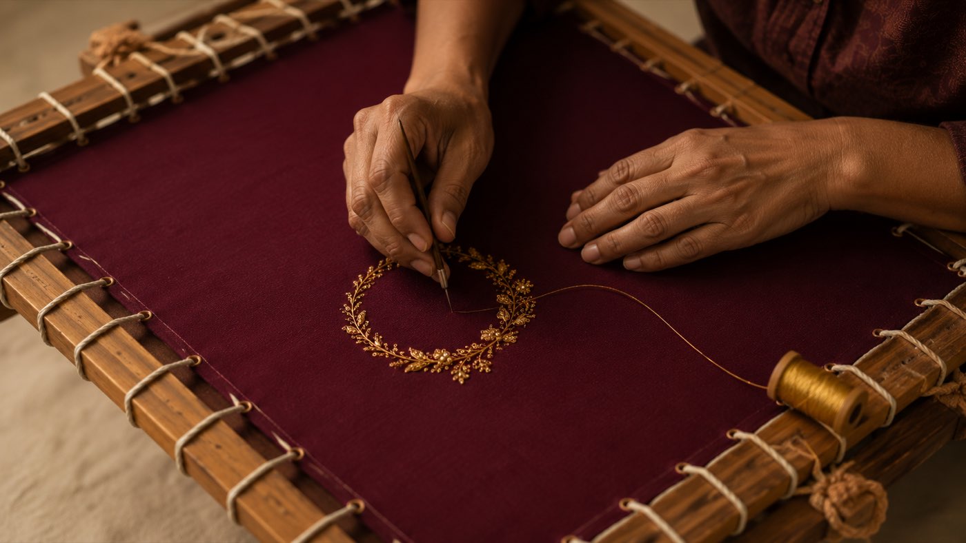 Hands working a gold wreath motif in aari chain stitch on wine fabric stretched across a frame