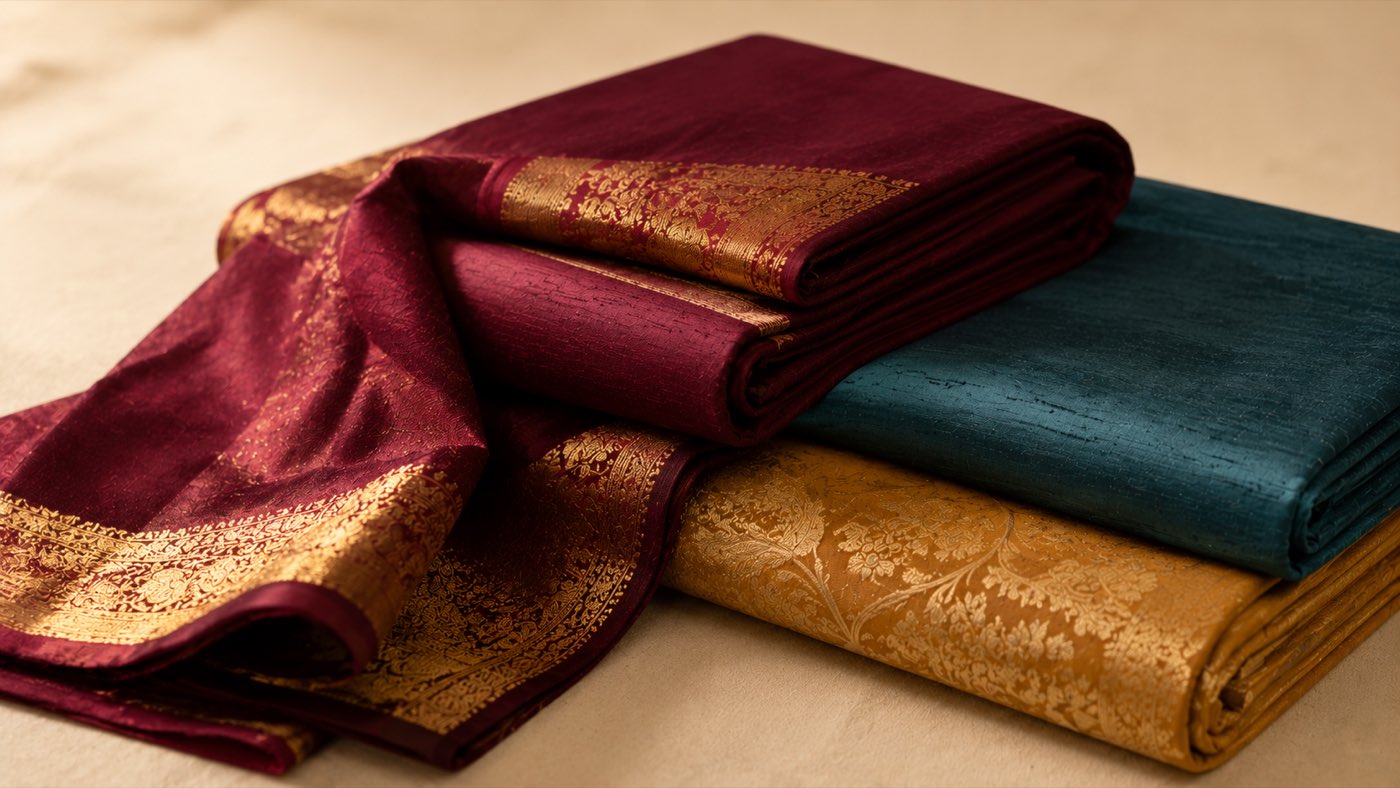Folded silk sarees in wine, teal and gold with woven zari borders