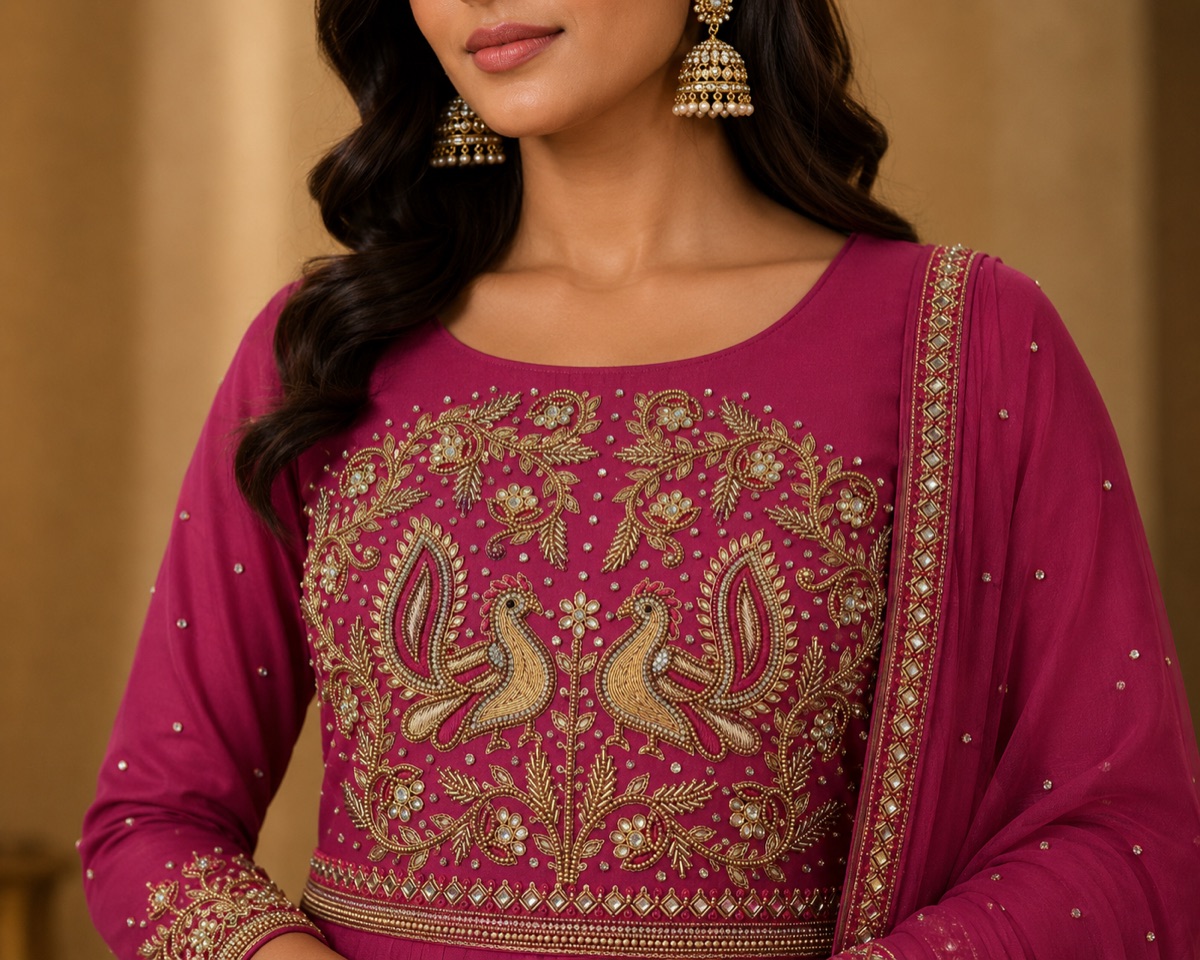 Magenta kurta with two facing gold peacocks worked across the yoke