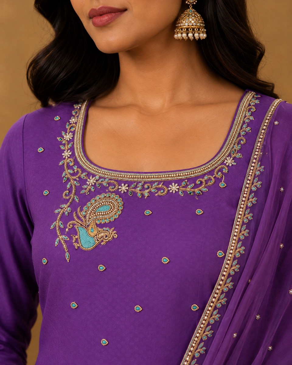 Purple kurta with a single peacock at the shoulder and scattered gold buttas