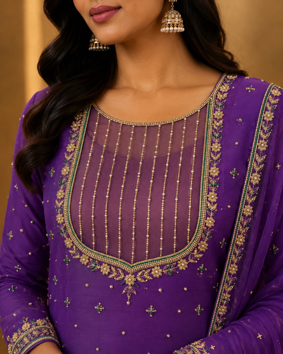 Purple kurta with a long gold panel of fine dotted lines running from the neckline