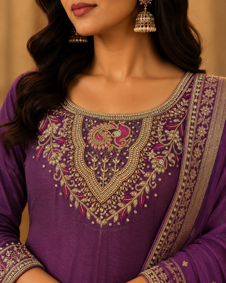 Purple kurta with a peacock neckline in dense gold and pink thread