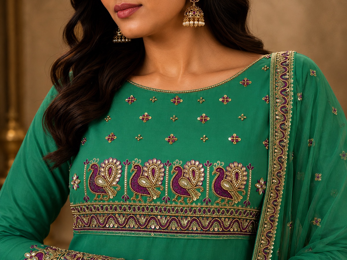 Green kurta with a row of gold peacocks along the hem band and scattered motifs above