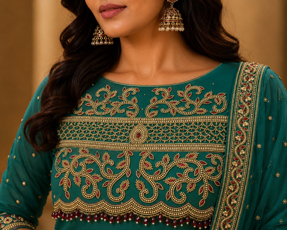 Teal kurta with a wide gold band and a scalloped pearl edge across the chest