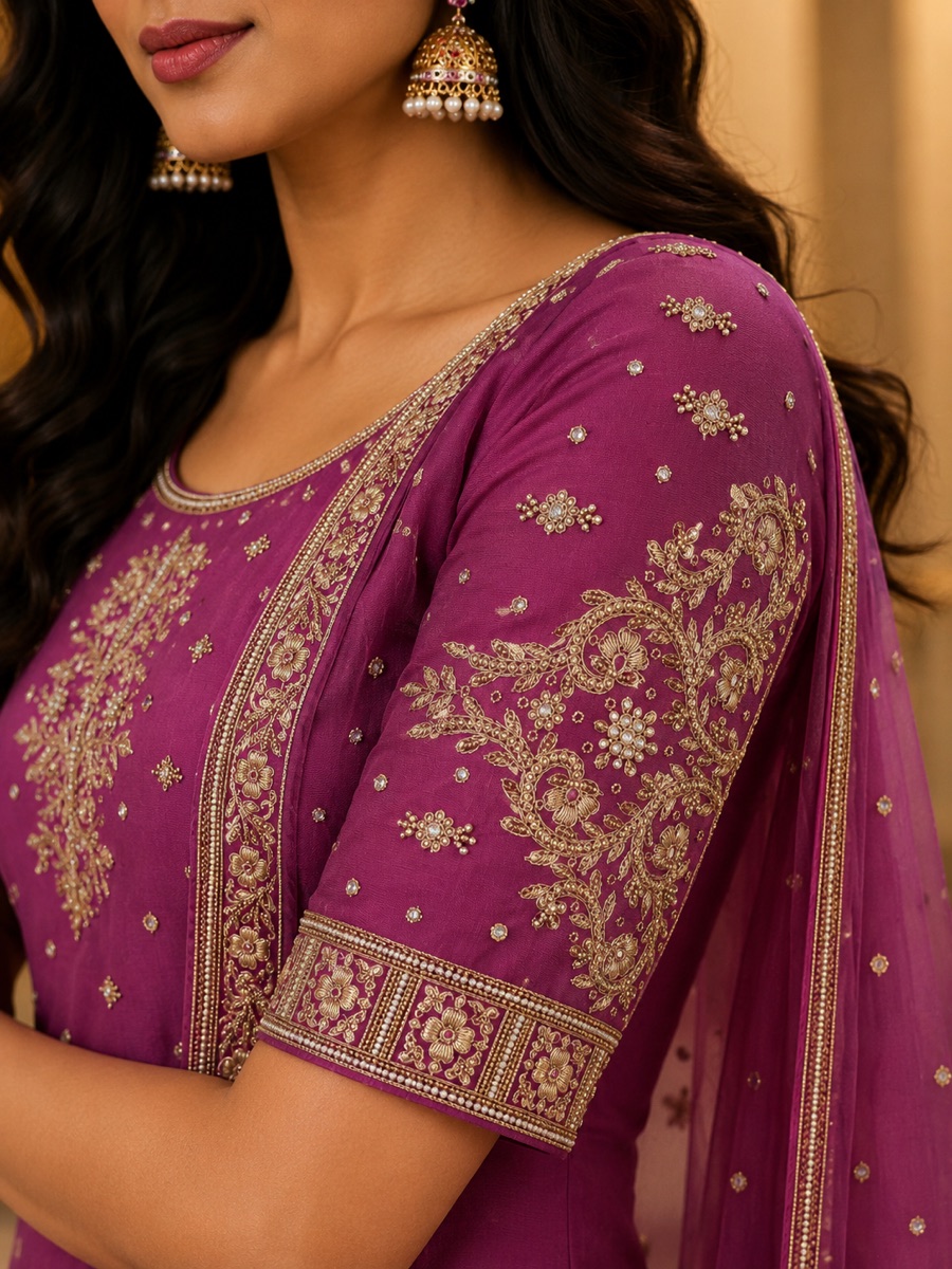 Magenta set with gold sleeve work and a net dupatta over the shoulder