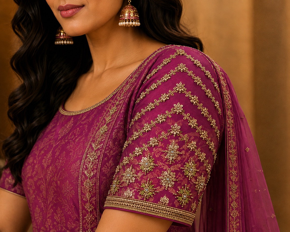 Magenta set with a gold chevron worked sleeve and a fine net dupatta
