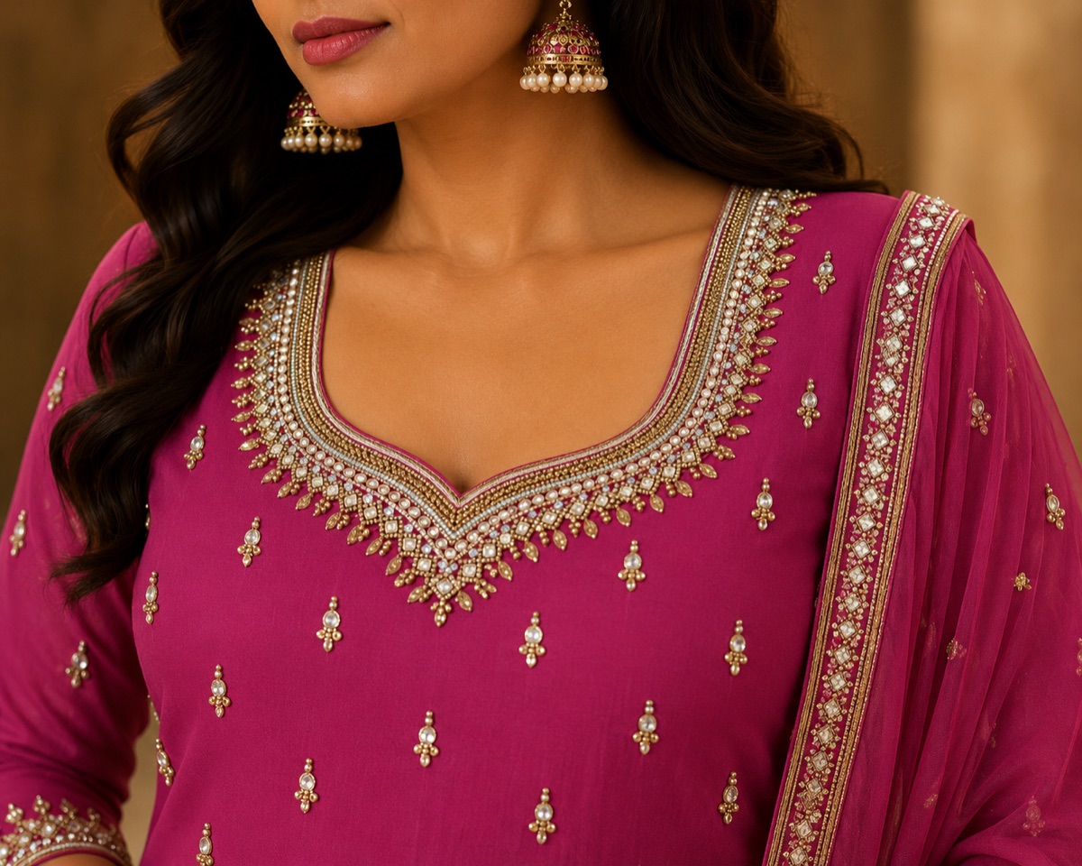 Magenta kurta with a gold V-neckline in beadwork and a worked dupatta edge