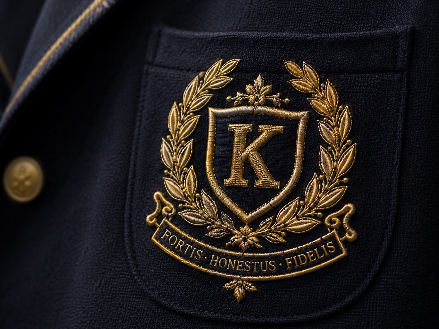 A hand-embroidered heraldic crest in raised gold zardozi on the breast pocket of a navy wool blazer