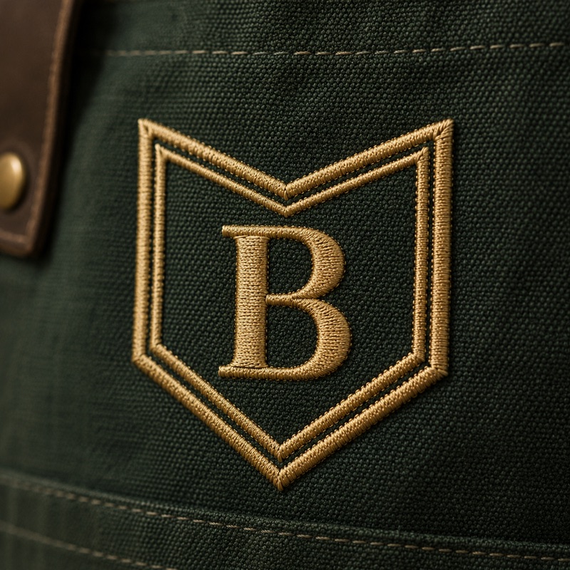 A chevron badge in soft-gold thread on a dark-green canvas apron, a capital B at its centre