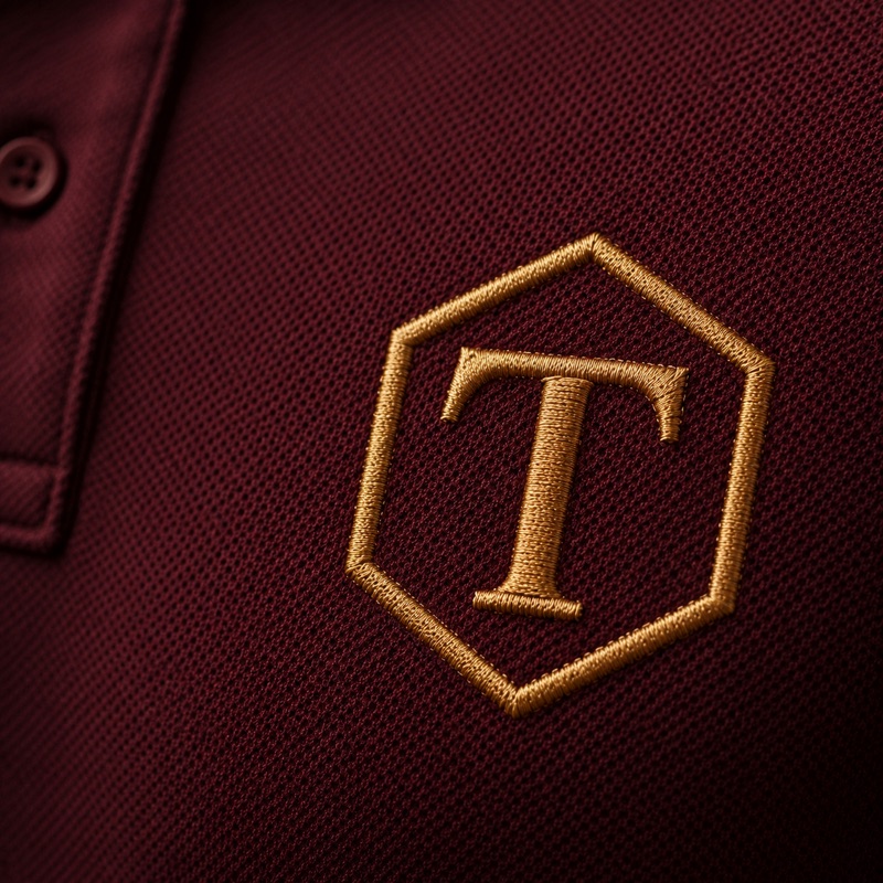 A hexagonal emblem in warm gold thread on a deep wine piqué polo shirt, a serif capital T at its centre