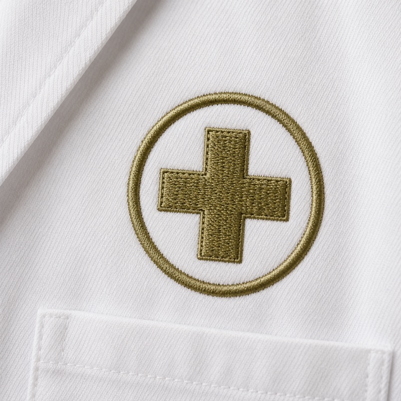 A circular roundel embroidered in olive-gold thread on a white cotton medical coat, a plain cross at its centre
