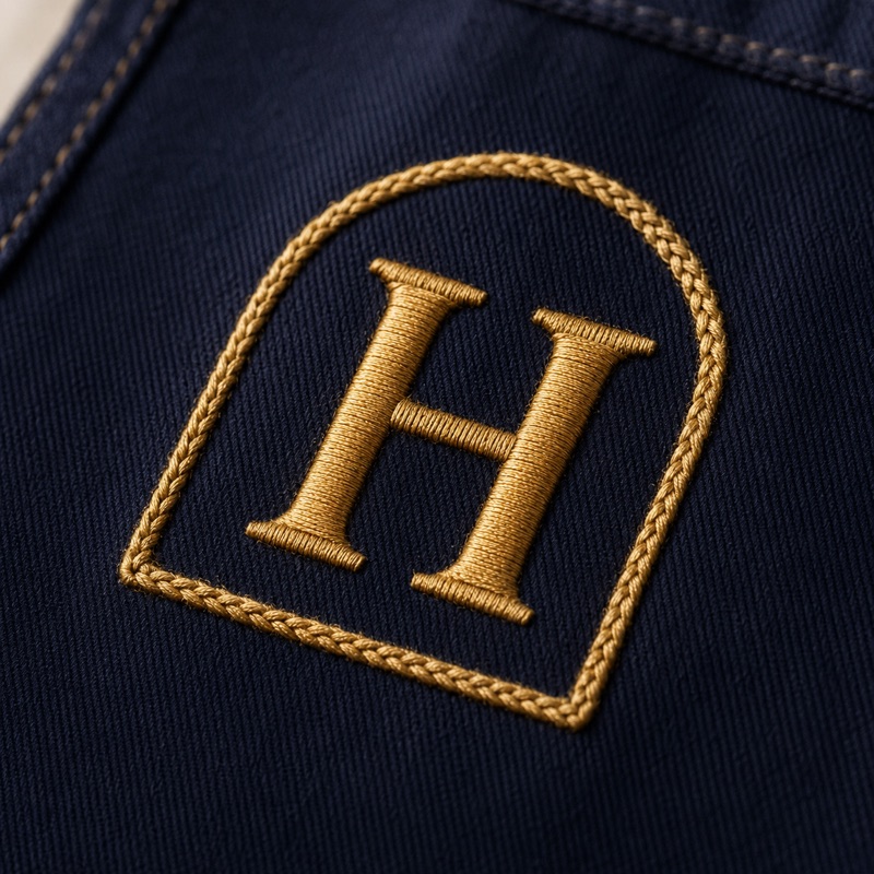 An arch-shaped crest embroidered in antique-gold thread on a navy twill apron bib, a serif capital H at its centre