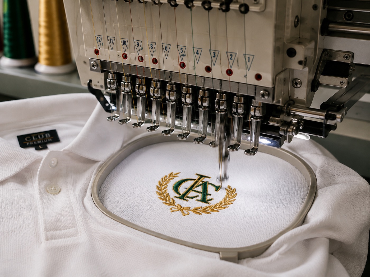 A multi-needle computerised embroidery machine mid-run, stitching a logo onto a hooped shirt
