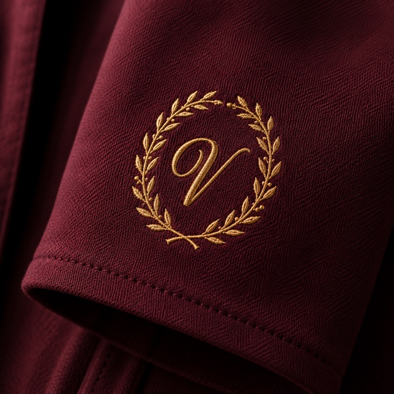 An oval laurel wreath in fine gold thread on a deep maroon cotton cuff, a script capital V inside the wreath