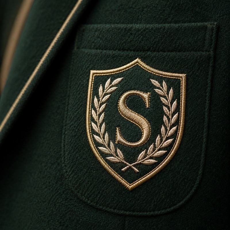 A heraldic shield crest in pale gold and cream thread on a bottle-green wool blazer pocket, a capital S inside a laurel border
