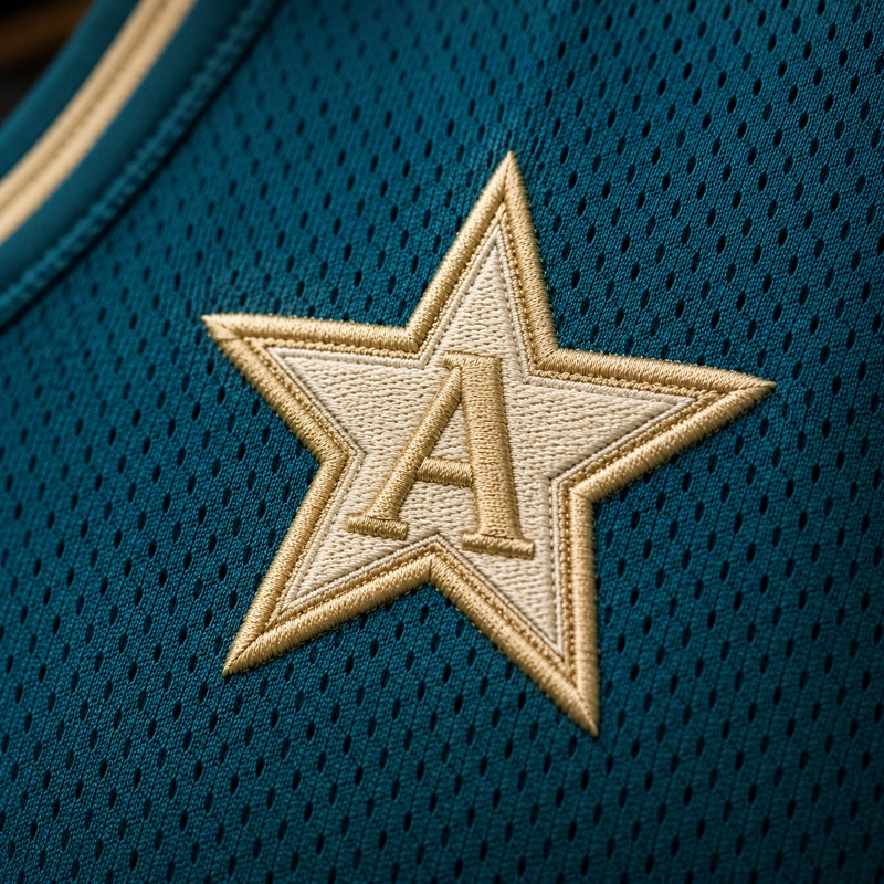 A five-point star emblem in cream and pale-gold thread on teal athletic jersey mesh, a capital A at its centre