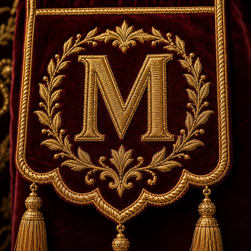 A banner emblem in raised gold zardozi on maroon velvet, a capital M inside a wreath, with hanging gold tassels